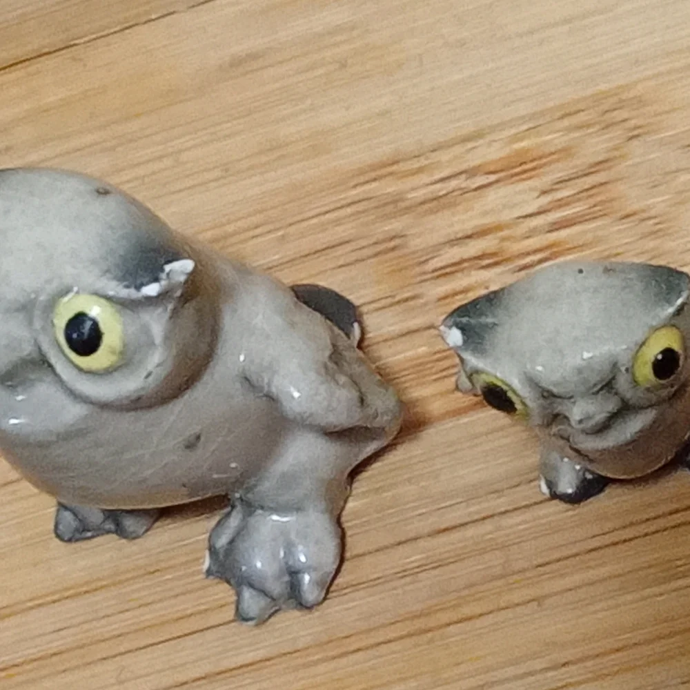 BONE CHINA Owl Figurine Pair - Gray with Yellow Eyes